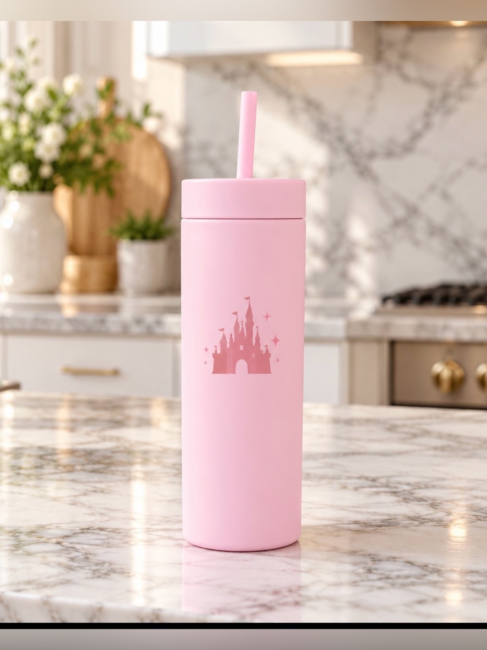 Pink Disneyland Castle Bottle with Straw